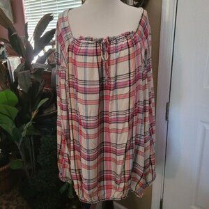 Lane Bryant Popover Top Tunic Pink White Plaid Cottage Western Size 26 28 SOFT